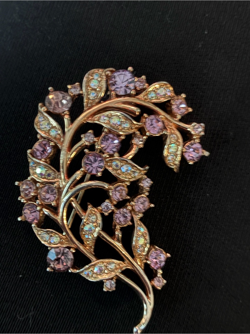 Vintage-1950’s Gold Tone Lavender and Clear Crystal Floral Brooch